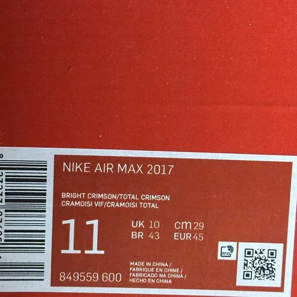 Nike Air Max 2017 Men's Running Shoes Bright Crimson Red Black New - Picture 15 of 15